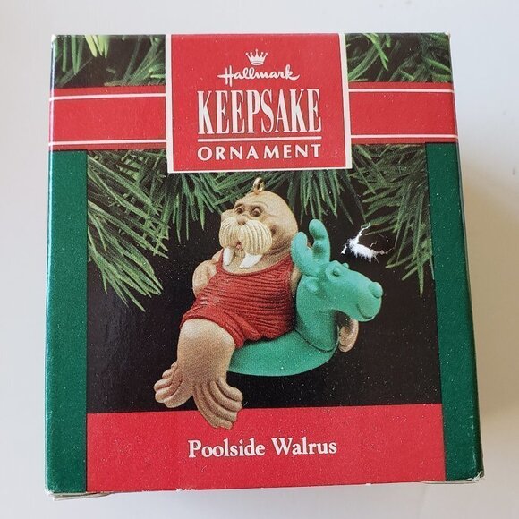 HALLMARK KEEPSAKE ORNAMENT - 1990 Poolside Walrus with reindeer float - Picture 1 of 1